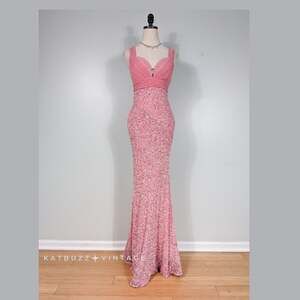 Vintage Scala Prom Dress Maxi Gown S Pink Silk Princess Y2K Glam Sequin Pageant
